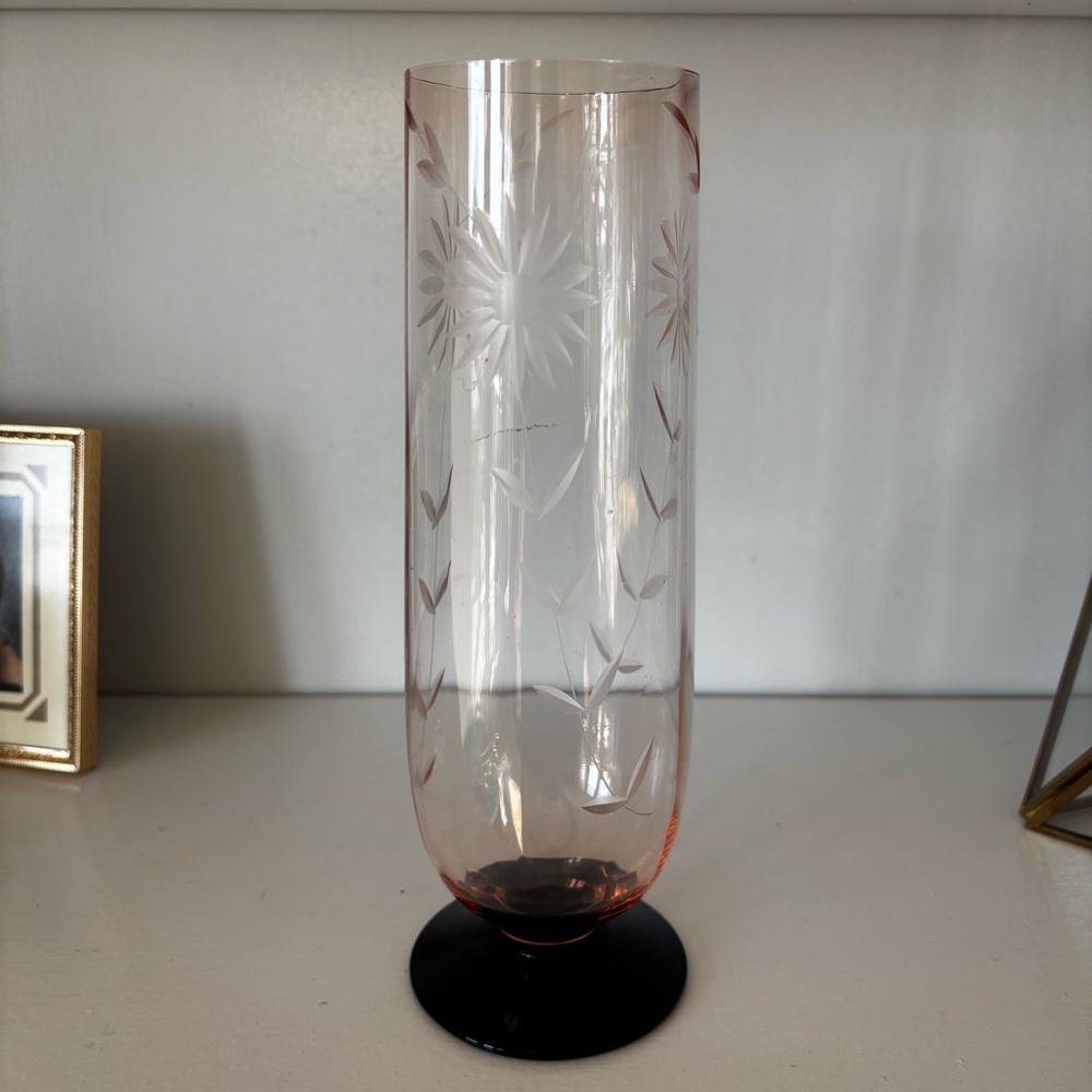 Antique French Pink Glass Etched Flowers Black Base Vase